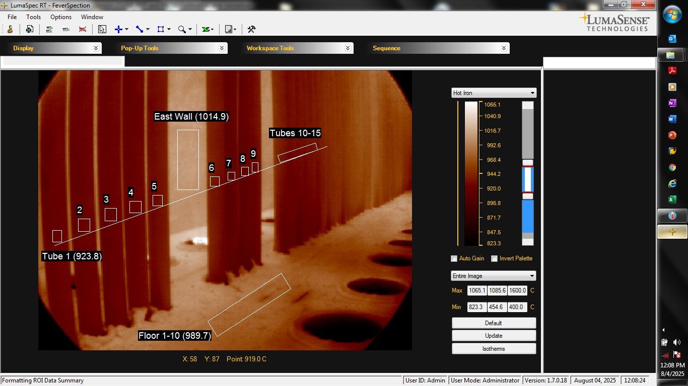 Figure 5: Through AE’s algorithms, the LumaSpec software is able to identify the temperature of each tube where resolution permits (tubes 1 to 17 in the above) and correct for reflections of the hotter walls/floors. Holes on the right side are burner ports where the flame is not visible with our special TI camera wavelength.